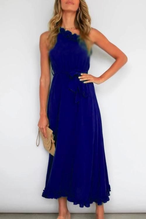 Margovil One Shoulder Sleeveless Tie Waist Ruffle Swing Dress