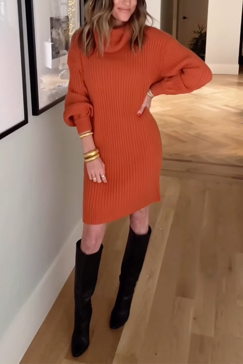 margovil Turtleneck Balloon Sleeves Ribbed Knit Sweater Dress