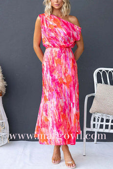 One Shoulder Tie Waist Slit Tie Dye Maxi Dress