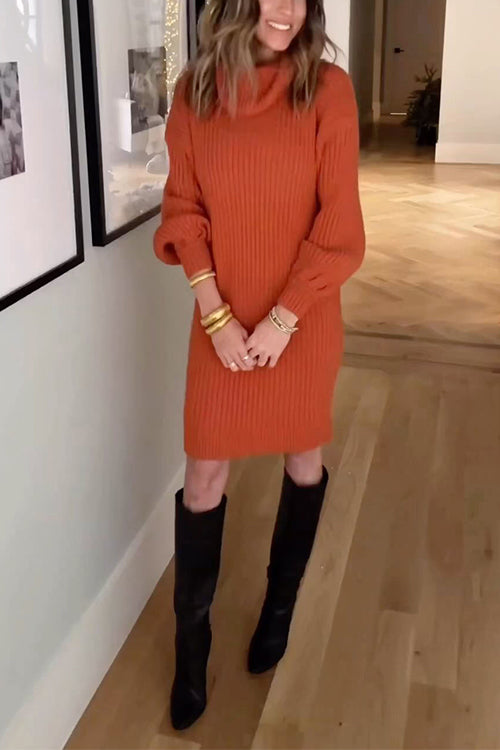 margovil Turtleneck Balloon Sleeves Ribbed Knit Sweater Dress