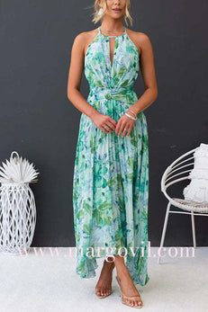 Margovil V Neck Waisted Cut Out Floral Pleated Maxi Dress