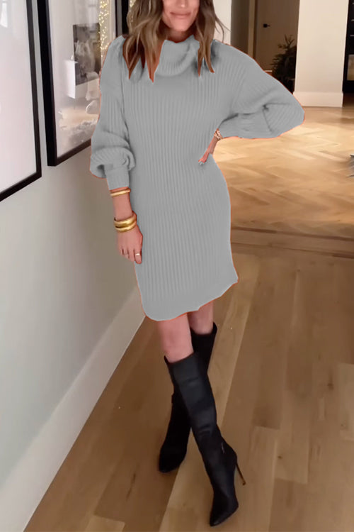 margovil Turtleneck Balloon Sleeves Ribbed Knit Sweater Dress