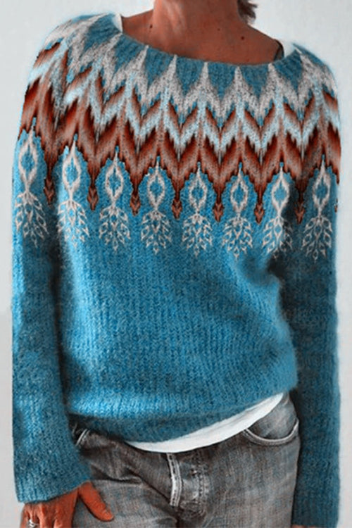 Margovil Round Neck Feather Pattern Slouchy Fall Sweater(in 2 Colors)