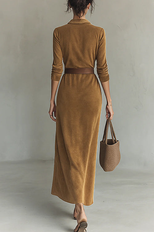 Margovil Long Sleeves Button Up Faux Suede Belted Maxi Dress