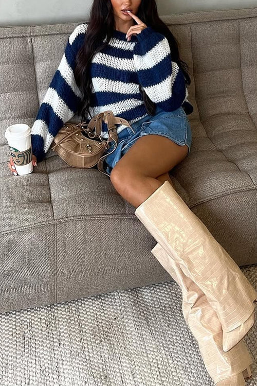 Margovil Drop Shoulder Striped Casual Pullover Sweater