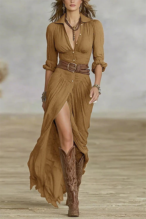 Margovil Lapel V Neck Long Sleeves Button Up Slit Maxi Dress