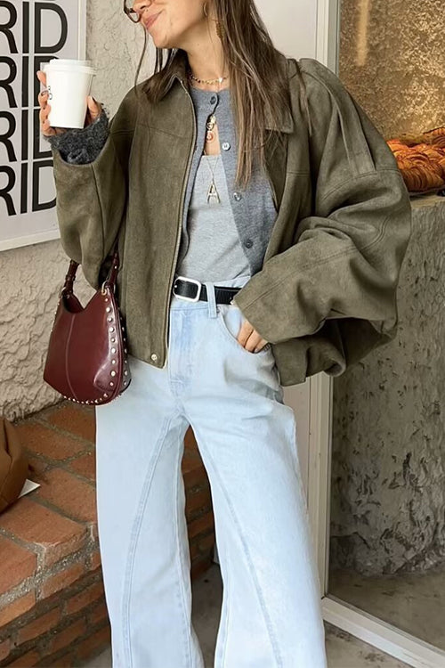 Margovil Lapel Zip Up Trendy Bomber Jacket