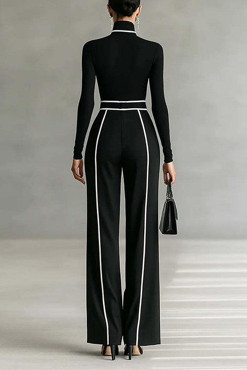 Margovil Color Block High Neck Long Sleeves Top High Rise Wide Leg Pants Set