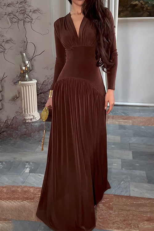 Margovil V Neck Long Sleeves Waisted Velvet Maxi Dress