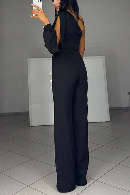 Margovil Stylish One Shoulder Slit Long Sleeve Mesh Splice Wide Leg Jumpsuit
