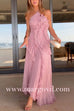 Margovil Strappy Halter Neck Ruffle Trim Asymmetric Hem Pleated Maxi Dress