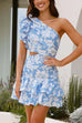 Margovil One Shoulder Cut Out Floral Print Ruffle Mini Dress