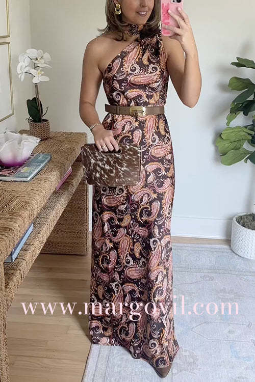 One Shoulder Sleeveless Paisley Print Maxi Dress