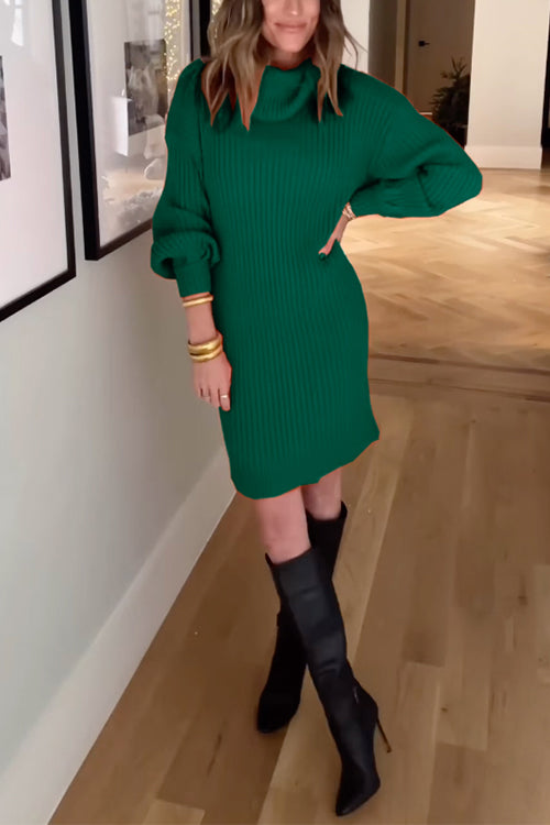 margovil Turtleneck Balloon Sleeves Ribbed Knit Sweater Dress