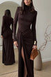 Margovil Turtleneck Ruched High Slit Maxi Party Dress