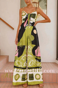 Margovil Tie Front Cut Out Wide Leg Printed Cami Jumpsuit