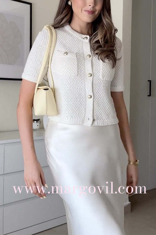 Crewneck Short Sleeves Button Up Pocketed Knit Cardigan
