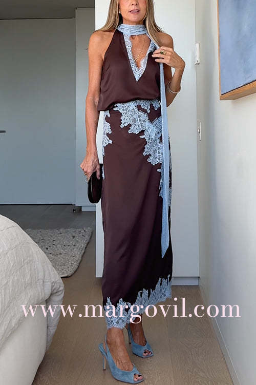 High Rise Lace Trim Satin Maxi Skirt