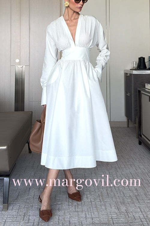 V Neck Long Sleeves Waisted Pocketed Midi Dress