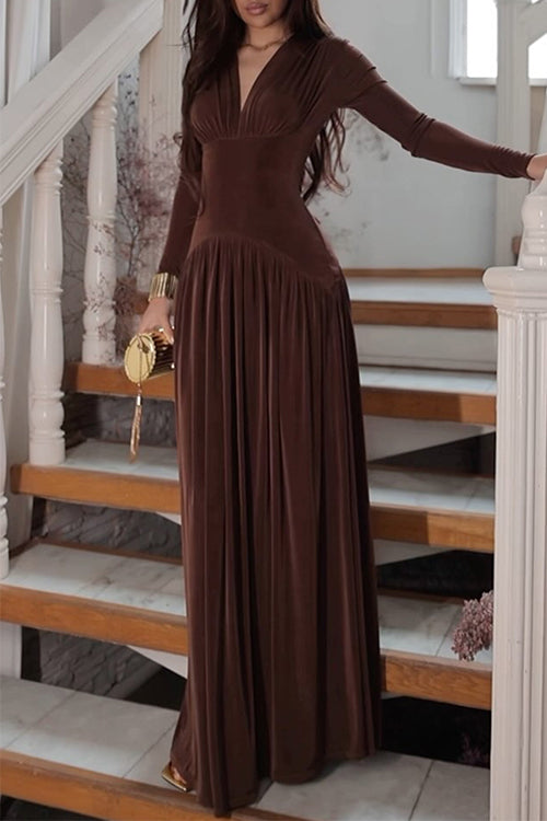 Margovil V Neck Long Sleeves Waisted Velvet Maxi Dress