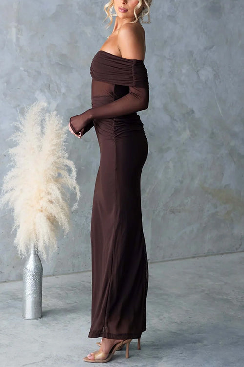 Off Shoulder Long Sleeves Ruched Bodycon Maxi Dress