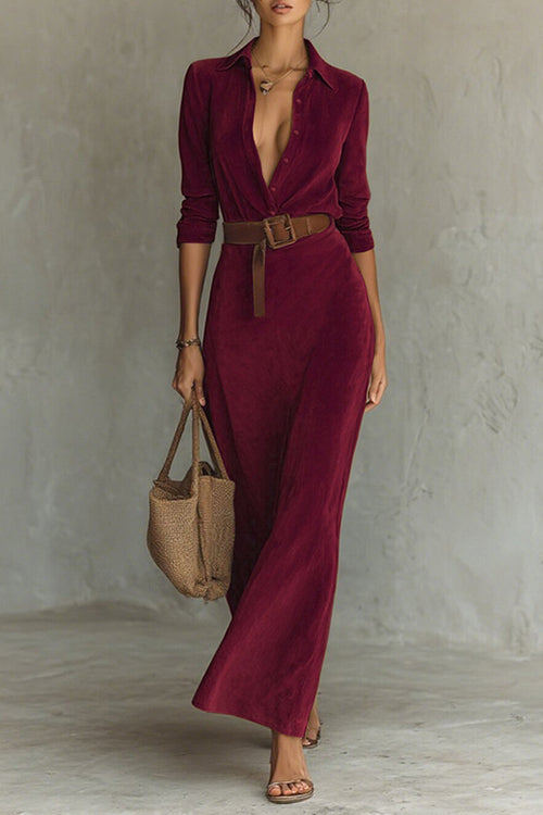 Margovil Long Sleeves Button Up Faux Suede Belted Maxi Dress