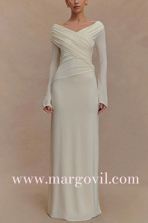 Elegant Off Shoulder Long Sleeves Ruched Maxi Dress