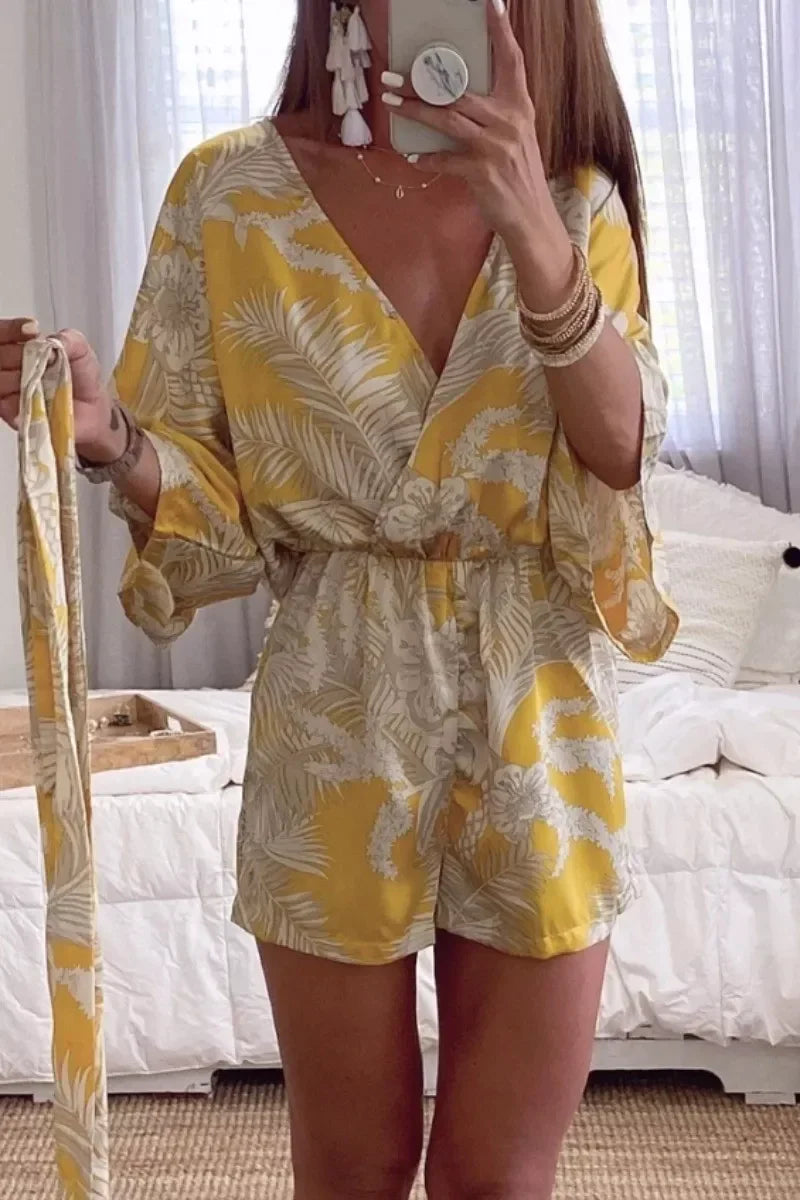 Margovil Wrap V Neck Tie Knot Leaf Print Batwing Romper