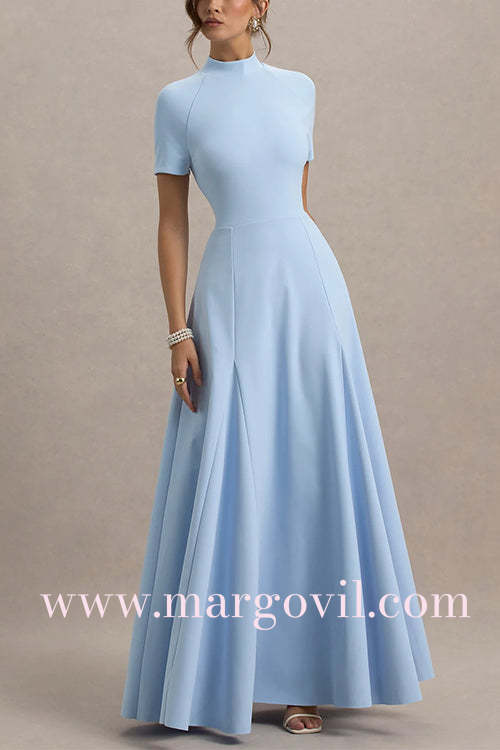 Mockneck Short Sleeves Waisted Swing Maxi Dress