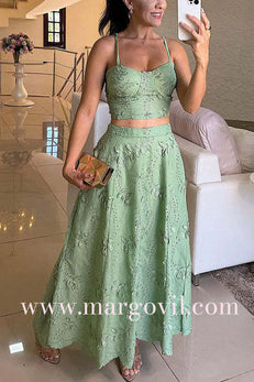Margovil Embroidery Crop Cami Top and Elastic Waist Swing Maxi Skirt Set