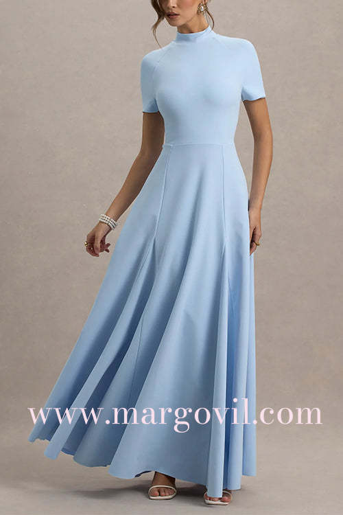 Mockneck Short Sleeves Waisted Swing Maxi Dress
