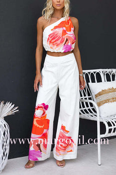One Shoulder Sleeveless Crop Top Wide Leg Pants Printed Set