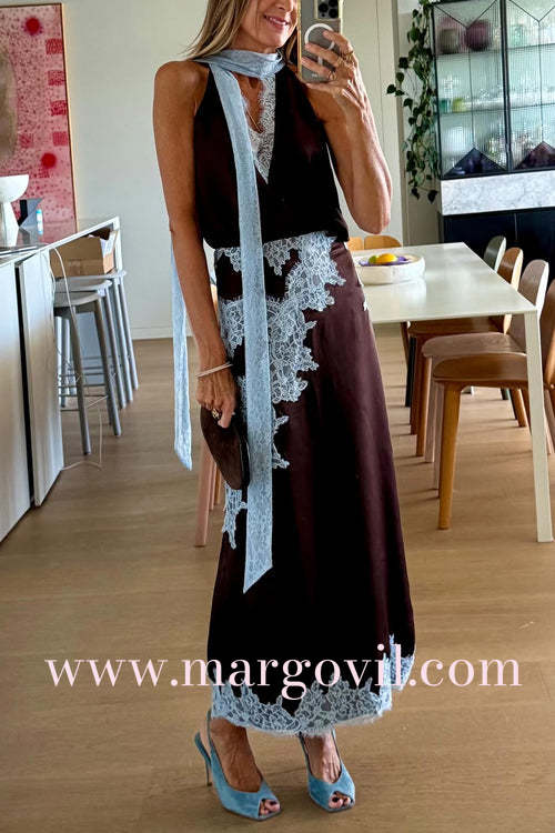 High Rise Lace Trim Satin Maxi Skirt