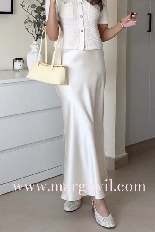 Margovil Elegant High Rise Satin Midi Skirt