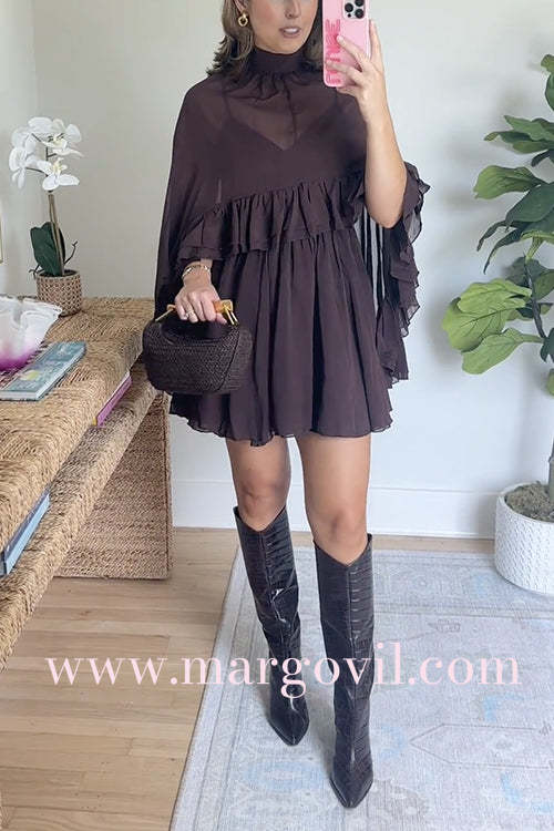 High Neck Sheer Ruffle Trim Cape Mini Dress