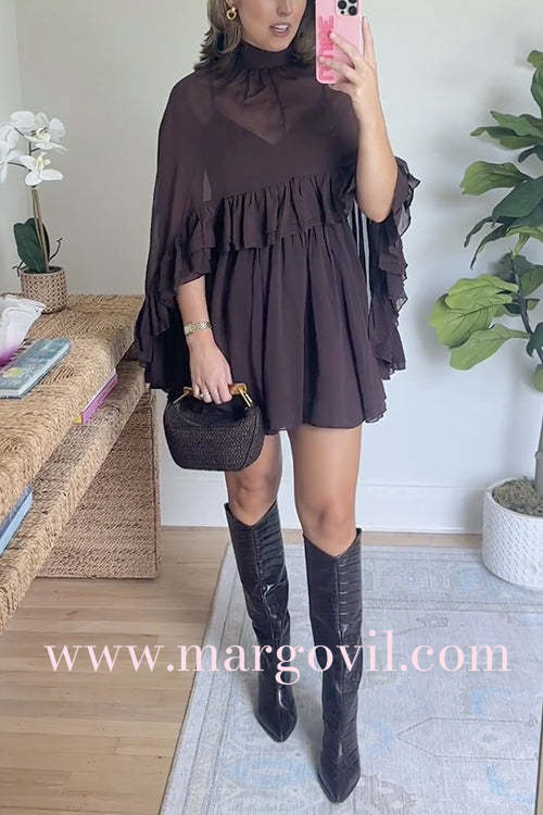 High Neck Sheer Ruffle Trim Cape Mini Dress