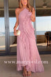 Margovil Strappy Halter Neck Ruffle Trim Asymmetric Hem Pleated Maxi Dress