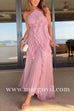 Margovil Strappy Halter Neck Ruffle Trim Asymmetric Hem Pleated Maxi Dress