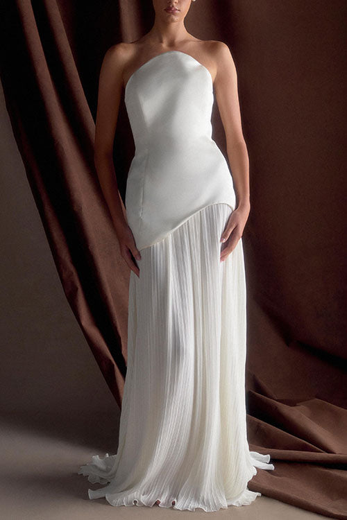 Strapless Patchwork Pleated Flare Maxi Dress