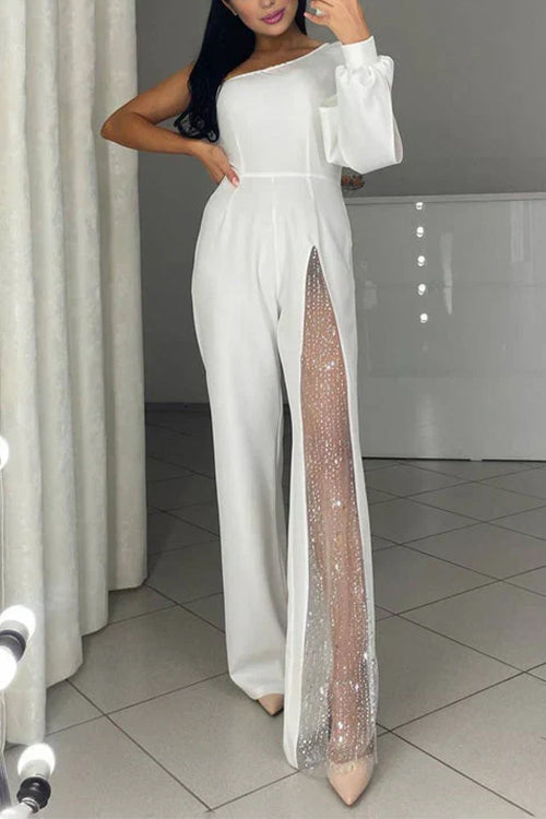 Margovil Stylish One Shoulder Slit Long Sleeve Mesh Splice Wide Leg Jumpsuit