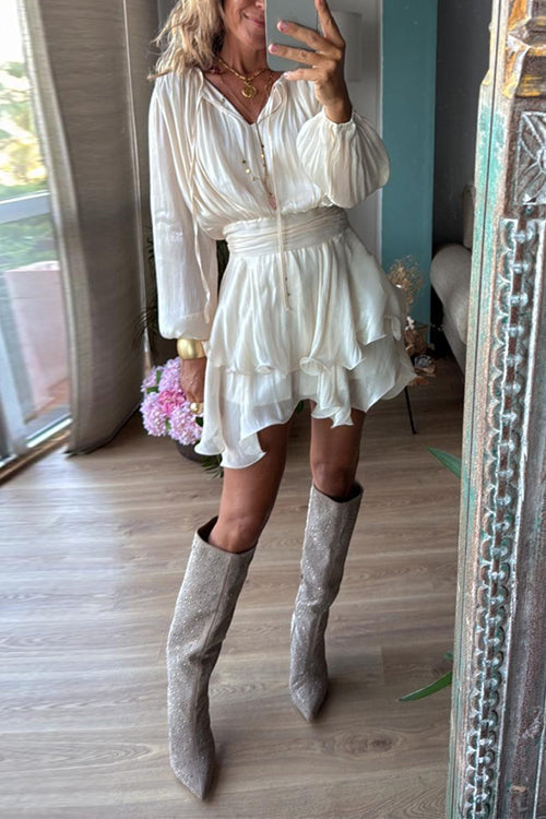 Margovil Lantern Long Sleeves Waisted Ruffle Mini Dress
