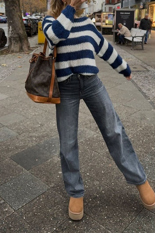 Margovil Drop Shoulder Striped Casual Pullover Sweater