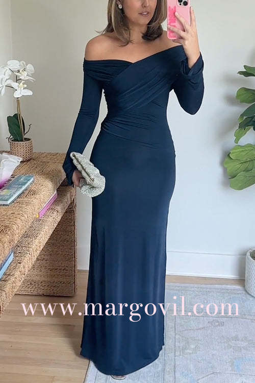 Off Shoulder Long Sleeves Ruched Solid Maxi Dress