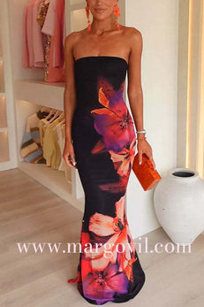 Strapless Tube Bodycon Floral Maxi Dress