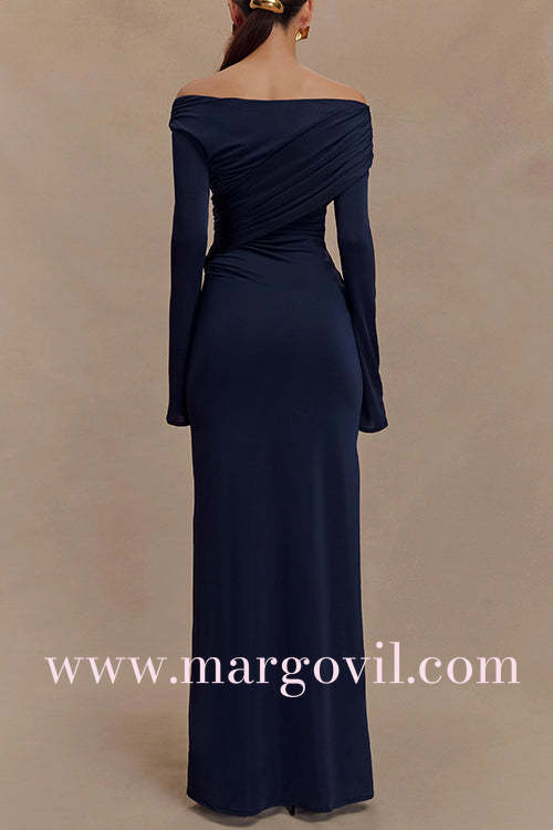 Off Shoulder Long Sleeves Ruched Solid Maxi Dress