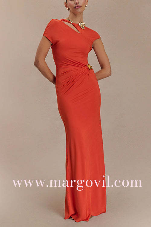 Short Sleeve Cut Out Backless Gold Flower Detail Maxi Dress