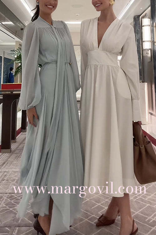 Tie Neck Lantern Long Sleeves Irregular Hem Maxi Dress