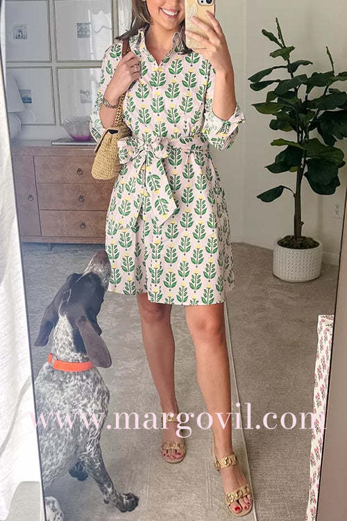 Long Sleeves Bow Waist Floral Print Shirt Dress