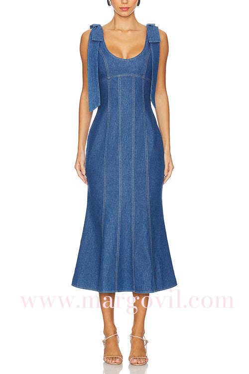 U Neck Bow Shoulder Back Zip Up Denim Midi Dress
