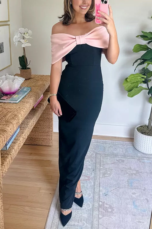 Bow Off Shoulder Color Block Back Slit Maxi Dress